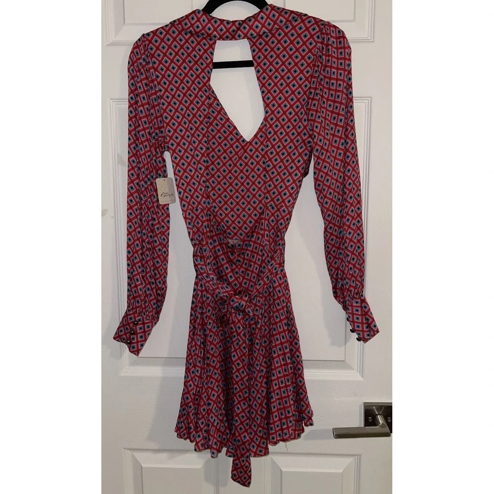 Free People It Takes Two Mini Dress Women Size XS Open Back Wrap Skater Pink Red